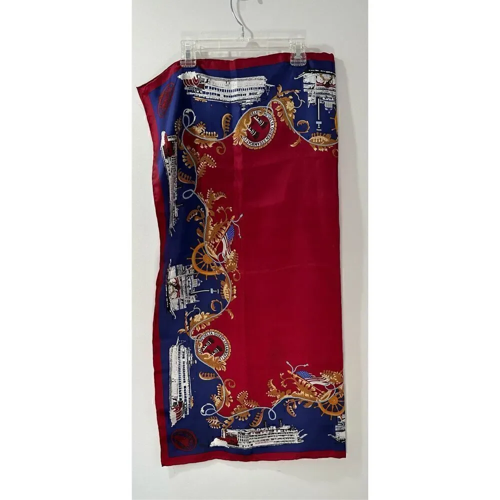 Mississippi Queen 100% silk scarf red blue white gold size 33”   #33-1255
